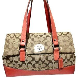 Coach Hampton Satchel Handbag Leather Red Trim Signature Canvas Khaki Turnlock